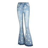 Daisy Flower Embroidered Blue Denim Jeans Mid Waist Zipper Fly Skinny Vintage Flare Pants Women Streetwear Jeans