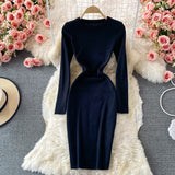 Women Crew Neck Long Sleeve Basic Casual Knitted Warm Knee Length Midi Dress Elegant Bodycon Dress