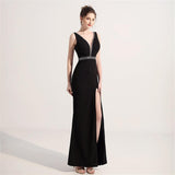 Black Evening Dress For Women V-neck Sleeveless Formal Party Gown High Split Sexy Wrap Hip Long Dress