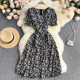 Leaf Floral Print Women Summer Short Puff Sleeve Casual Midi Dress Knee Length Square Neck Elegant Vintage Dress