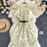 Beach Chiffon Floral Summer Dress Round Neck Sleeveless Casual Mini Dress With Belt