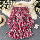 Ruffle Hem Beach Vacation Floral Print Chiffon Mini Dress With Belt Elegant Women Long Sleeve Off Shoulder Dress