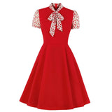 Women Short Sleeve Bowknot Neck Short Sleeve Red Floral Patchwork Office Ladies Dresses