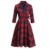England Style Plaid Retro Office Swing Women's Dress For Party Turn Down Collar 3/4 Sleeve Elegant French A Line Tunic Dresses