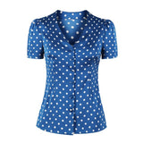 2021 Women Blue Vintage Button Up Shirt V-Neck Short Sleeve Polka Dot Tops Slim Fit Female Summer Retro Style Slim Shirts
