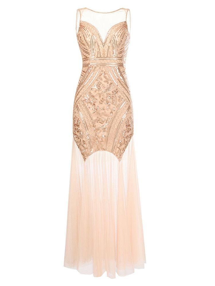 1920s Great Gatsby Sequins Beading Evening Mermaid Formal Sleeveless Round Collar Prom Long Dress