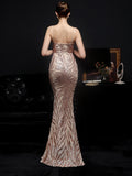 Sexy Backless V Neck Cocktail Dress Sleeveless Suspender Party Dress Floor Length Sequins Mermaid Robes Women Vestidoes New