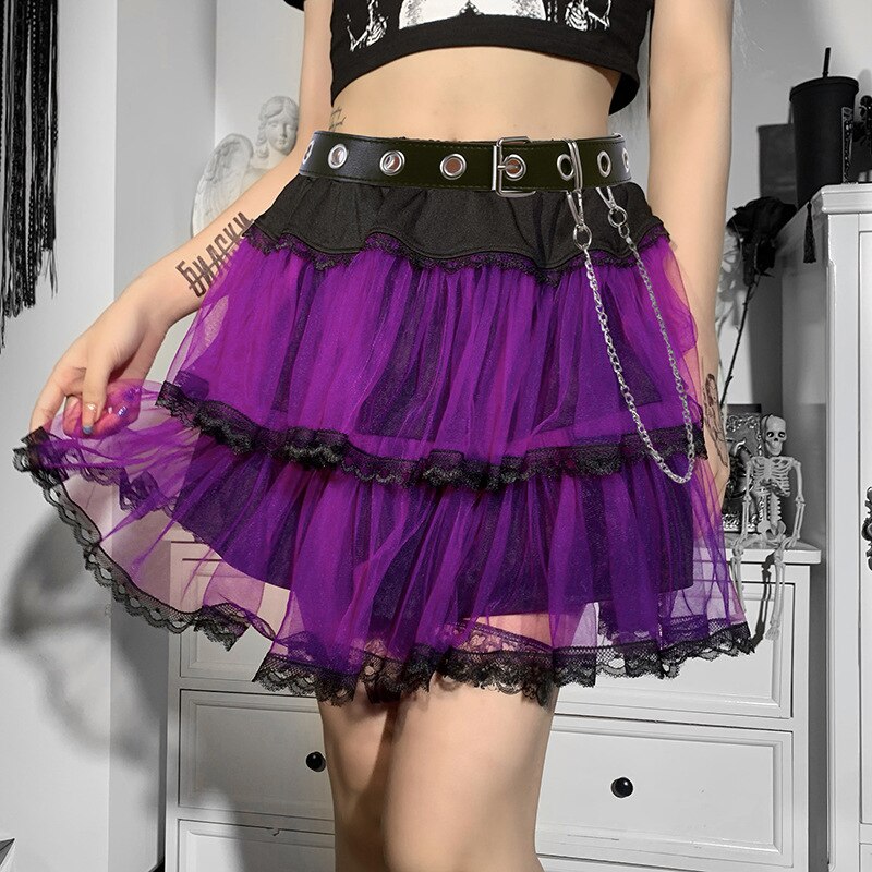 Y2k Mall Goth Punk Purple Mesh Mini Skirts Ruffle Cake Sexy Alt Clothes Hot E Gril High Waist Kawaii Pleated Skirt Streetwear