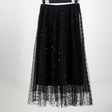 Long Women Korean Polka Dot High Waist Mesh Pleated Skirt