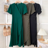 Elegant Wrap Woman V Neck Short Sleeve Solid Color Casual Belted Midi Dress