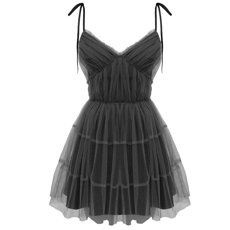 2023 Black Gothic Sexy Dress V Collar Vintage Spaghetti Strap Mesh Patchwork Mini Dresses 2021 Summer High Waist Dress For Women