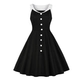 Women Single-Breasted Buttons Black Patchwork Vintage Rockabilly 50s Summer Sleeveless Cotton A-Line Dress