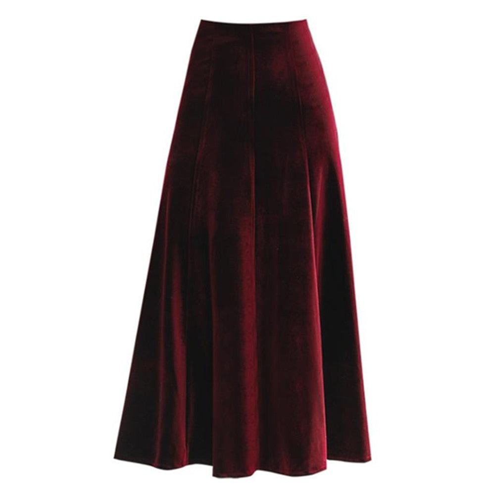 Velvet Long Women Korean Style Red Black Maxi Skirt Autumn Winter High Waist Skirt