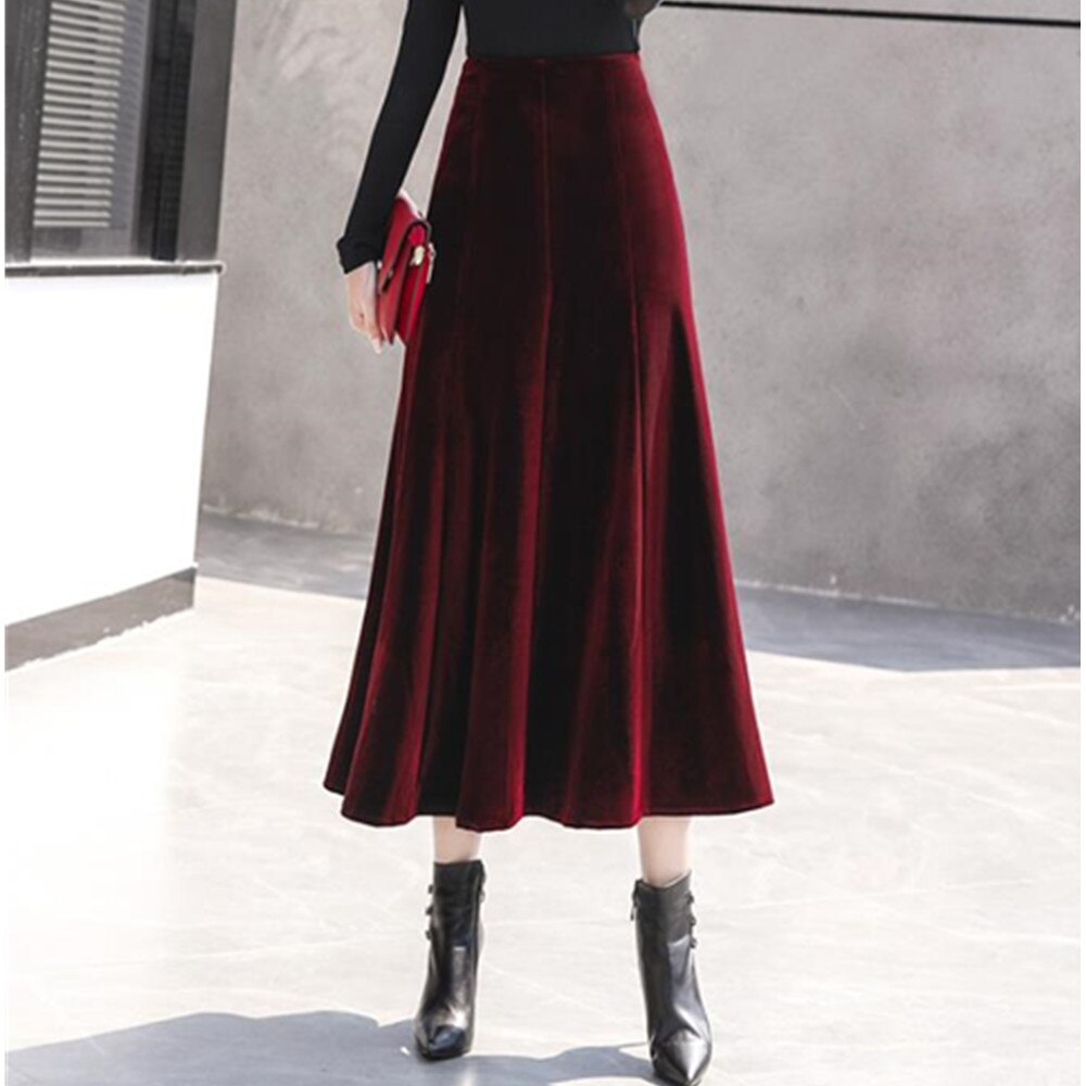 Velvet Long Women Korean Style Red Black Maxi Skirt Autumn Winter High Waist Skirt