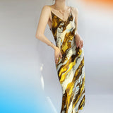 Elegant Party Midi Chic Tie Dye Print Satin Slip Dress V Neck Spaghetti Strap Sexy Dress