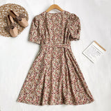 Beach Vintage Floral Print Wrap Dress Belted V Neck Short Puff Sleeve Mini Dress