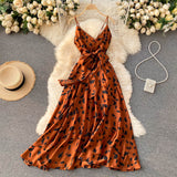 Cross V Neck Spaghetti Strap Sexy Backless Tie Satin Dress Vintage Print Elegant Party Dress