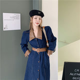 Women's Pu Denim Dress Autumn New Vintage Patchwork Belt Lady Jeans Dresses Elegant Female Fashion Vestidos