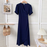 Elegant Wrap Woman V Neck Short Sleeve Solid Color Casual Belted Midi Dress