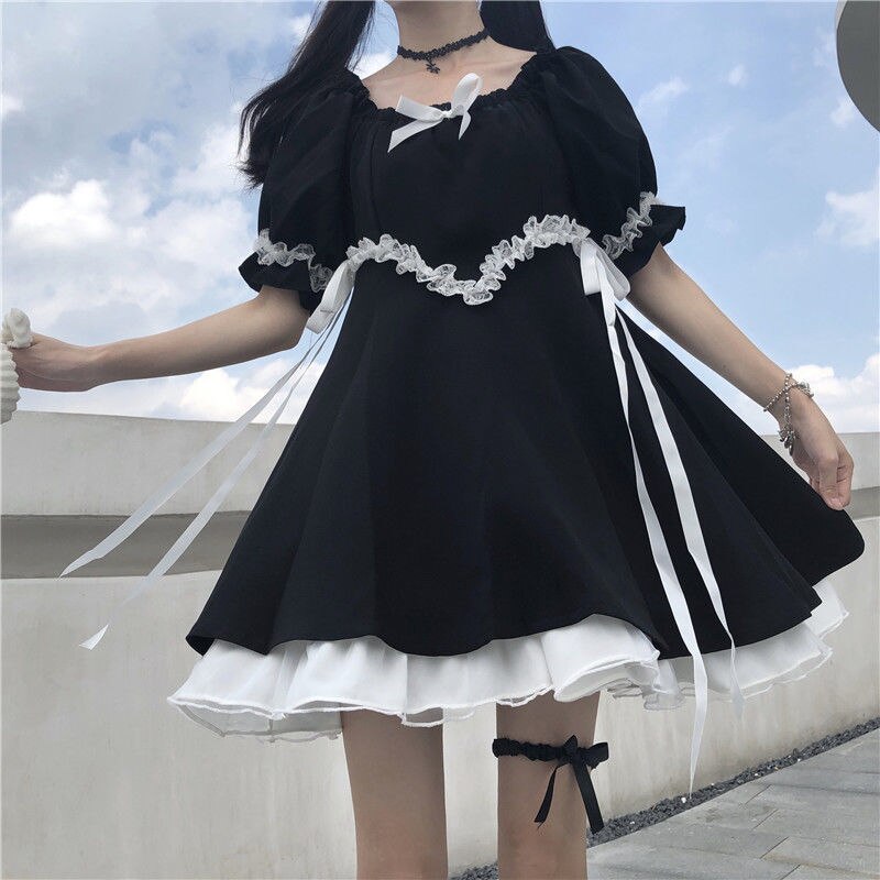 Summer Prom Gothic Lolita Dress Girl Sundress Japanese Harajuku Kawaii Cute Short Puff Sleeve Black Dress 2021 Black Dress Woman