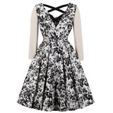 Black Floral Women Party Dress Long Sleeve Cotton Short Pleated Robe Office OL Chic 50s 60s Pin Up Swing A Line Tunic Dresses