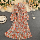 Bow Tie Neck Vintage Floral Midi Dress Long Sleeve Spring Autumn Chiffon Pleated Dress