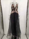 New Sexy Backless Sequin Tulle Evening Party Spaghetti Strap Black Maxi V Neck Elegant Long Dress