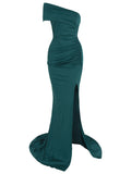 Solid Green Color Evening Dress Sexy Tail Formal Gowns Single Shoulder Satin Robe De Soriee Long Dresses not crumple Maxi Dress