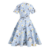 2021 Notched Collar Daisy Elegant Women 1950s Vintage Belted Midi Dress Short Sleeve Button Front Ladies Floral Swing Dresses