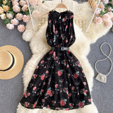 Beach Chiffon Floral Summer Dress Round Neck Sleeveless Casual Mini Dress With Belt