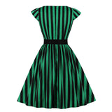 Green Black Striped Cotton Cap Sleeve Robe Pin Up Swing Elegant Retro Vintage Dress