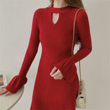 Fall Winter Sexy Cut Out Mock Neck Casual Sweater Dress Flare Sleeve Chic Knitted Elegant Midi Dress