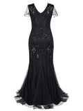 Formal Retro 1920s Sequin Evening Dress V-Neck Short Sleeve Mesh Bead Fishtail Skirt