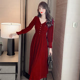 Women French Vintage Dress Button Front V-Neck A-line Dress Casual Slim Puff Sleeve Dresses Vestidos De Mujer