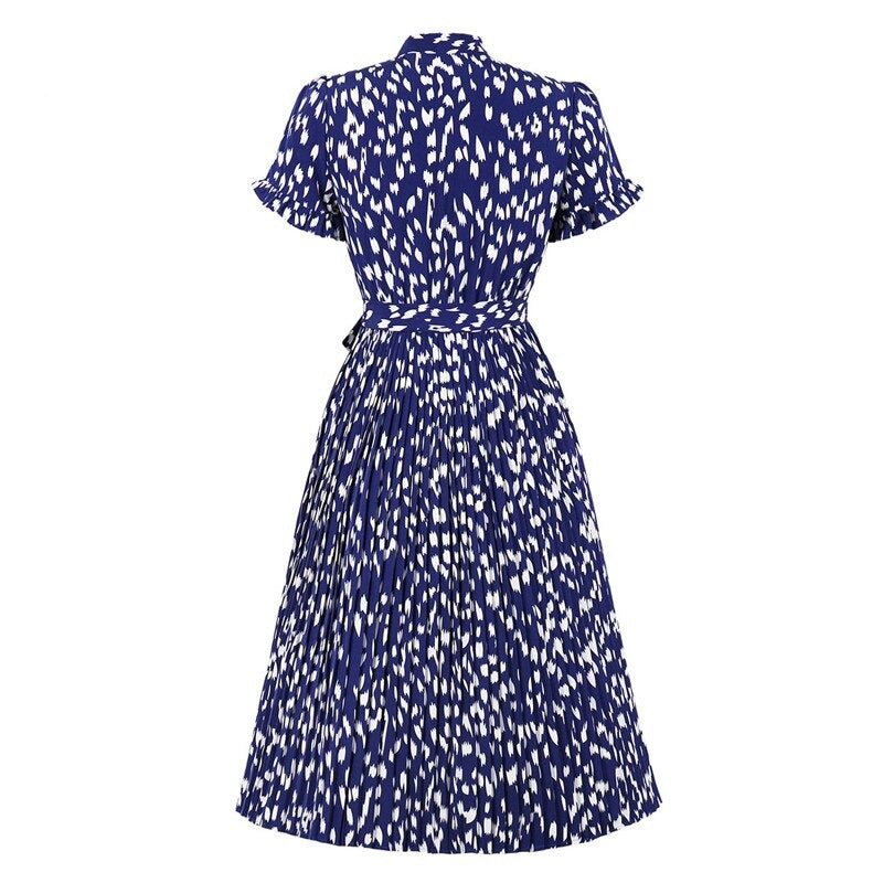 Tie Neck Vintage Print Button Up Elegant Women Pleated Midi Dress Ruffle Short Sleeve High Waist Belted Casual Dresses