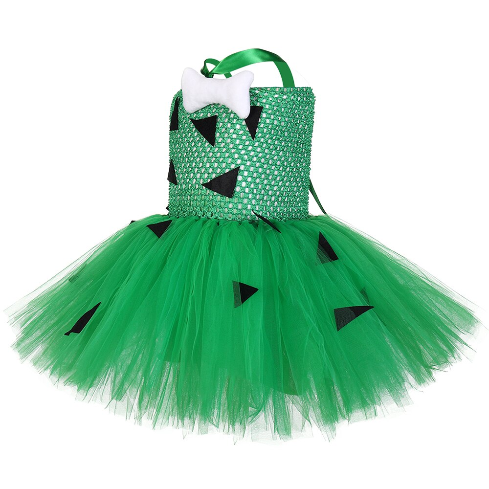 Green Pebbles Tutu Dress for Girls Kids Halloween Costume Children Christmas Dresses Flintstones Bone Cosplay Costumes for Party