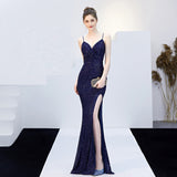 Sleeveless Sequins Evening Dress Sexy Backless Party Dress Spaghetti Straps Stretchy Formal Gowns Long Side Fork Robe