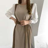 Office Color Block Knitted Midi Dress With Belt Long Shirt Sleeve Patchwork Winter Dress