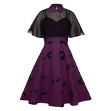 2023 Chiffon Cape Bat Print Elegant Summer Midi Dress High Waist Vintage Style 50s 60s Women Halloween Party Swing Dresses