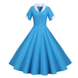 Blue Button Up Summer Casual Solid Dresses for Women Fit and Flare Vintage Robe Elegant Polyester Dress