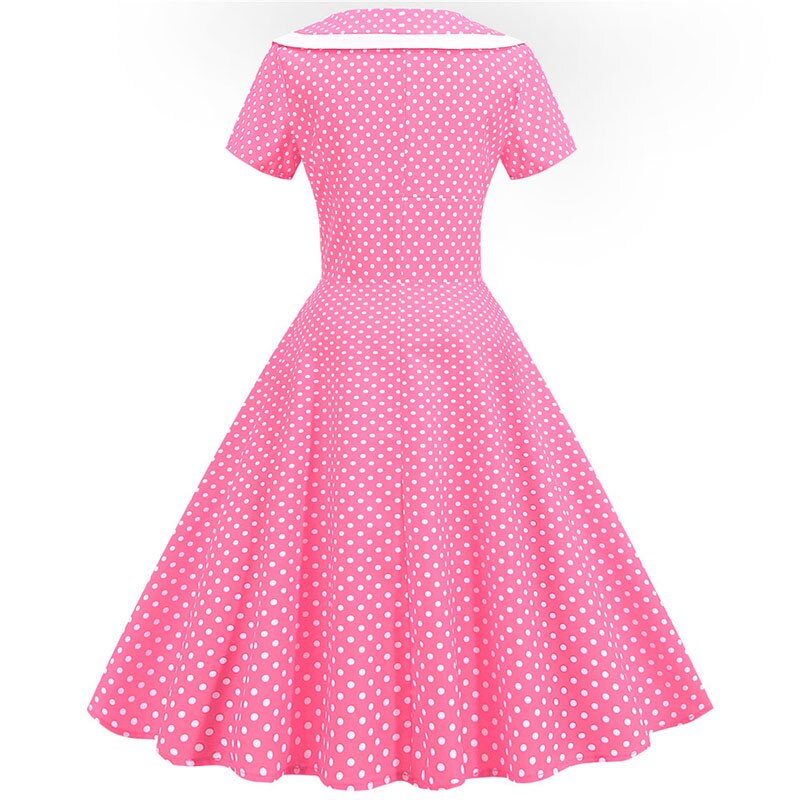 Women Summer Party Dress  Pink Polka Dot Print Short Sleeve Sailor Collar Elegant Casual Vintage A-line Midi Sundress Plus Size