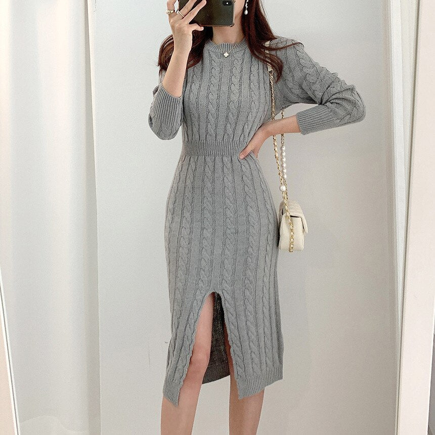 Women's Knitted Sweater Dress Slits Bodycon Tight Dresses Long Sleeve  Ribbed Knit Dress