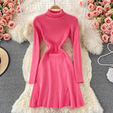Sweater Dress Autumn Winter Turtleneck Knitted Dress Long Sleeve Slit Night Out Party Sexy Mini Dress