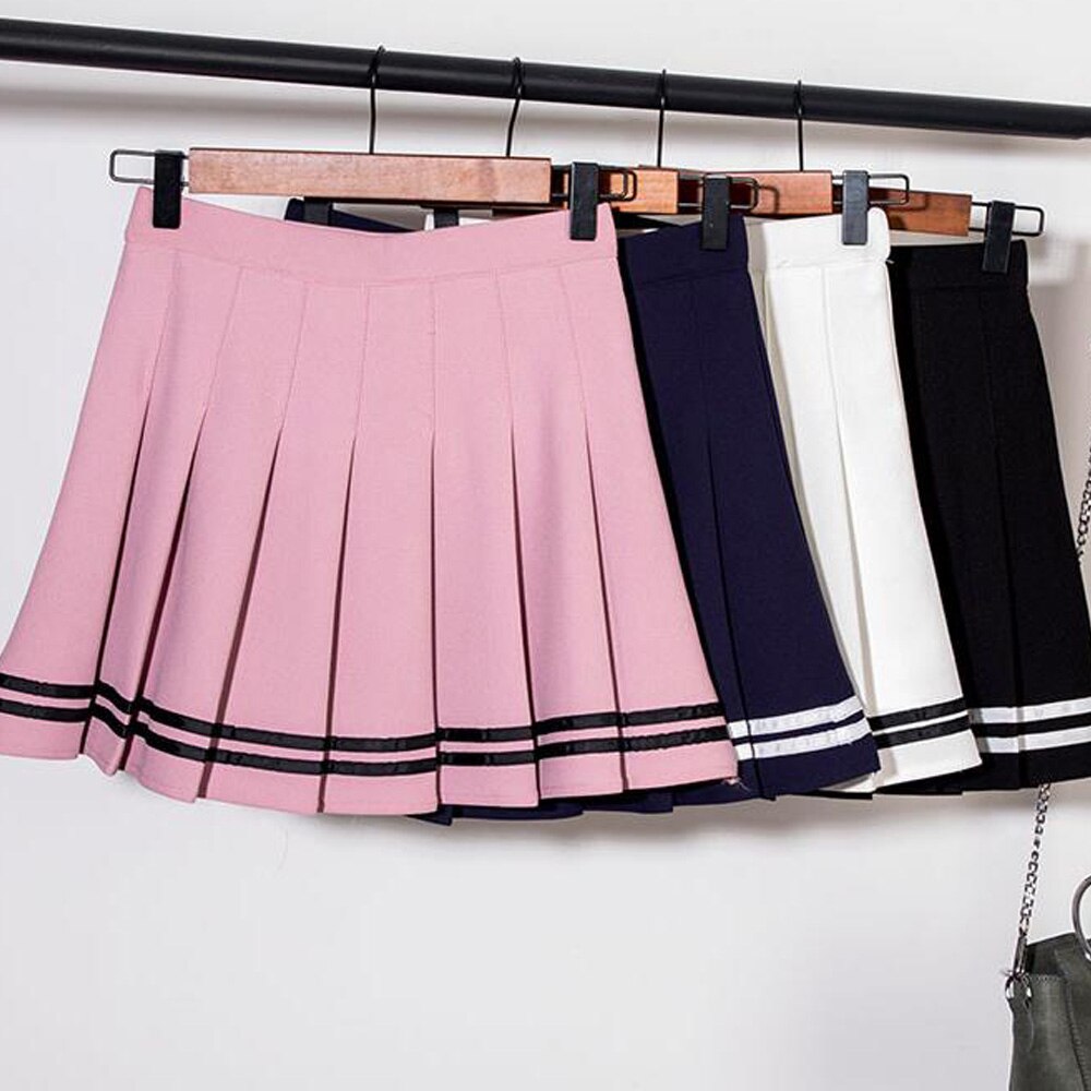 Black Half-Length Summer New Striped Ruffle High Waist A-Line Pleated Skirt With Shorts
