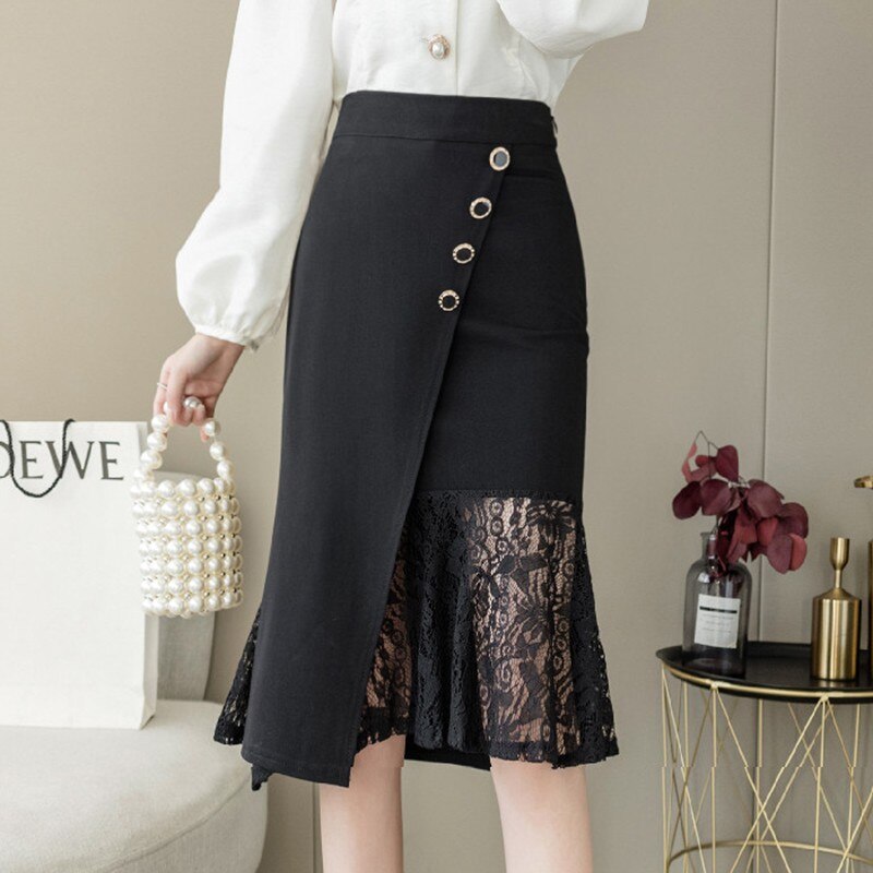 Ladies Elegant Mermaid Spring Office Style Patchwork Lace All-match Women High Waist Knee-length Skirts
