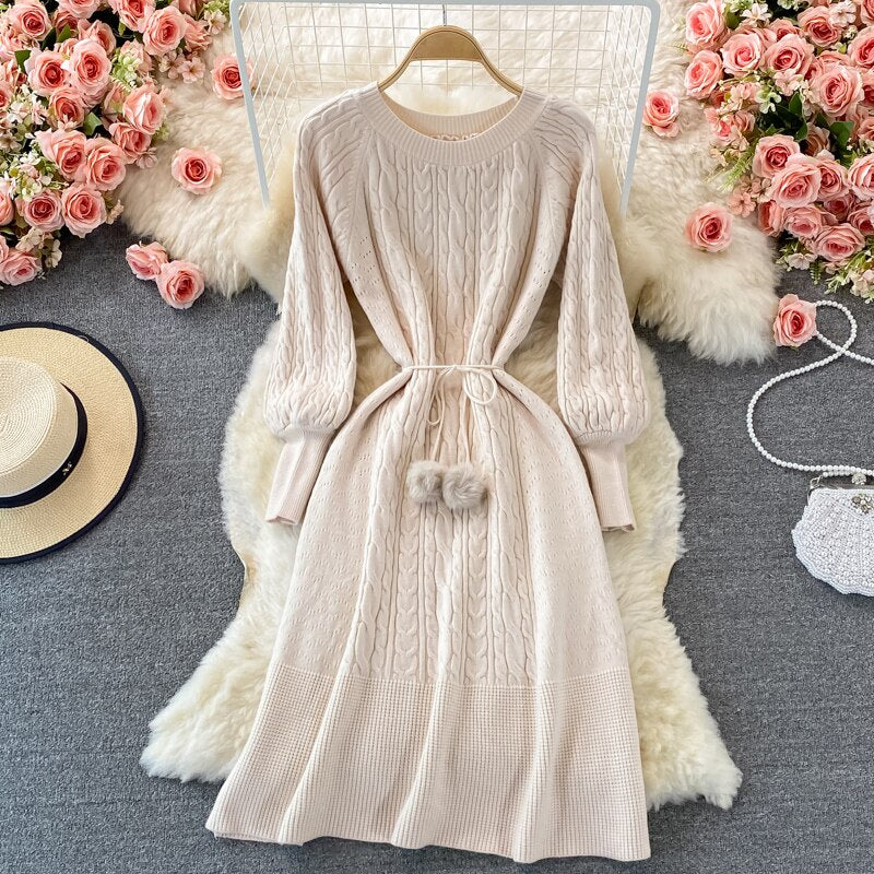 Crew Neck Long Sleeve Sweater Dress With Belt Twisted Knitted Elegant Midi Dress