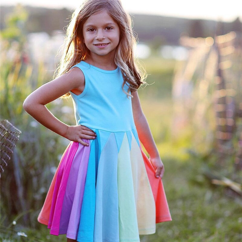 Little Girls Summer Princess Dress Kids Short Sleeve Mesh Tutu Rainbow Patchwork Clothes Children Birthday Party Color Dresses
