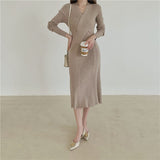 Cross V Neck Long Sleeve Knitted Dress Autumn Winter Solid Chic Elegant Sexy Midi Dress