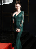 V-neck Sequins Evening Dress Long Sleeve Party Dresses Mermaid Robe De Soriee Stretches Bodycon Dress Elegant Maxi Club Dress