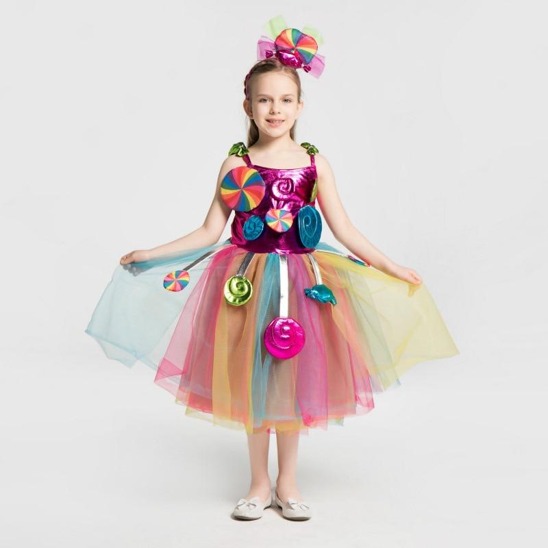 New Rainbow Candy Costume Cosplay Girls Halloween Costume For Kids Christmas Costume Children Candy Princess Dress